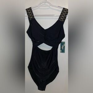 Cruise Ready BLACK (S) 1 piece swimsuit shows stomach through holes& tiesnback.